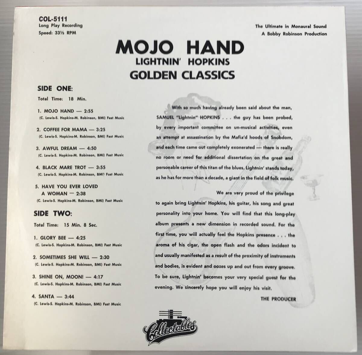 美盤 US盤 MONO LP LIGHTNIN' HOPKINS MOJO HAND COLLECTABLES COL-5111の画像2
