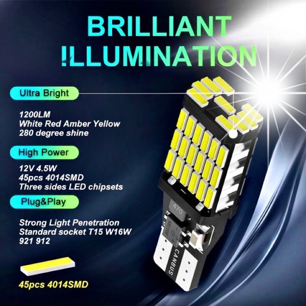 T16 T10 LED バルブ ホワイト 2個 12V 24V 45SMD 6000K CANBUS キャンセラー バックランプ ウインカー ナンバー灯 明るい 爆光 車検対応_画像4