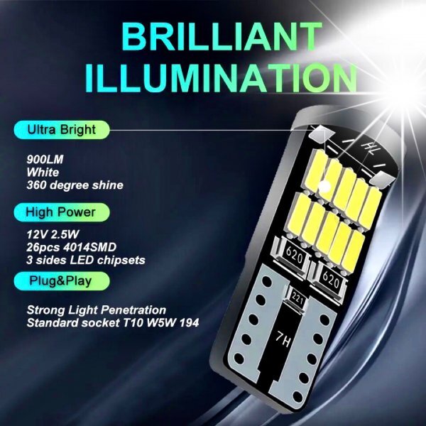 T10 T16 LED バルブ ホワイト 10個 12V 26SMD 6000K CANBUS キャンセラー ポジション ナンバー灯 メーター パネル球 明るい 爆光 車検対応の画像6