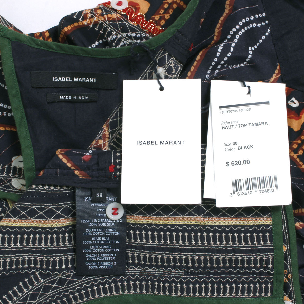 【タグ付き・新品】ISABEL MARANT Tamara Open-Back Embroidered Printed Silk-Satin Top size38 ブラック イザベルマラン 刺繍 ブラウス_画像4