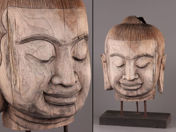 中国古玩 唐物 仏教美術 時代木彫 タイ 特大 仏頭 置物 高さ56.8cm 時代物 極上品 初だし品 C5408の画像1