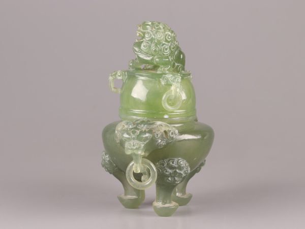 中国古玩 唐物 緑砡石 翡翠 置物 遊環 香炉 時代物 極上品 初だし品 C5822_画像3