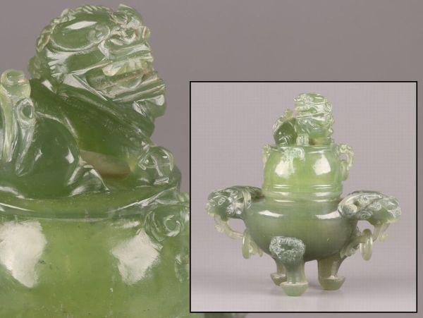 中国古玩 唐物 緑砡石 翡翠 置物 遊環 香炉 時代物 極上品 初だし品 C5822_画像1