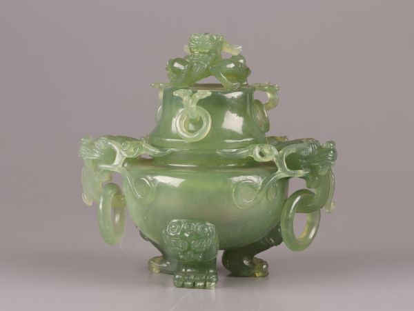 中国古玩 唐物 緑砡石 翡翠 置物 遊環 香炉 時代物 極上品 初だし品 C5776_画像2