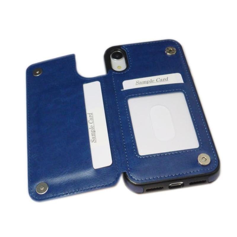 iPhone XR アイフォン XR アイホン XR ジャケット 背面カード入れ シンプル 無地 フェイクレザー 合皮レザー ケース カバー 紺色 ネイビーの画像5