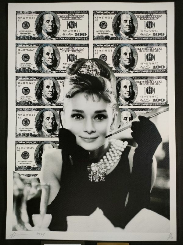 世界限定100枚 DEATH NYC アートポスター A14 オードリー・ヘプバーン Audrey Hepburn ティファニーで朝食を 100ドル札の画像2