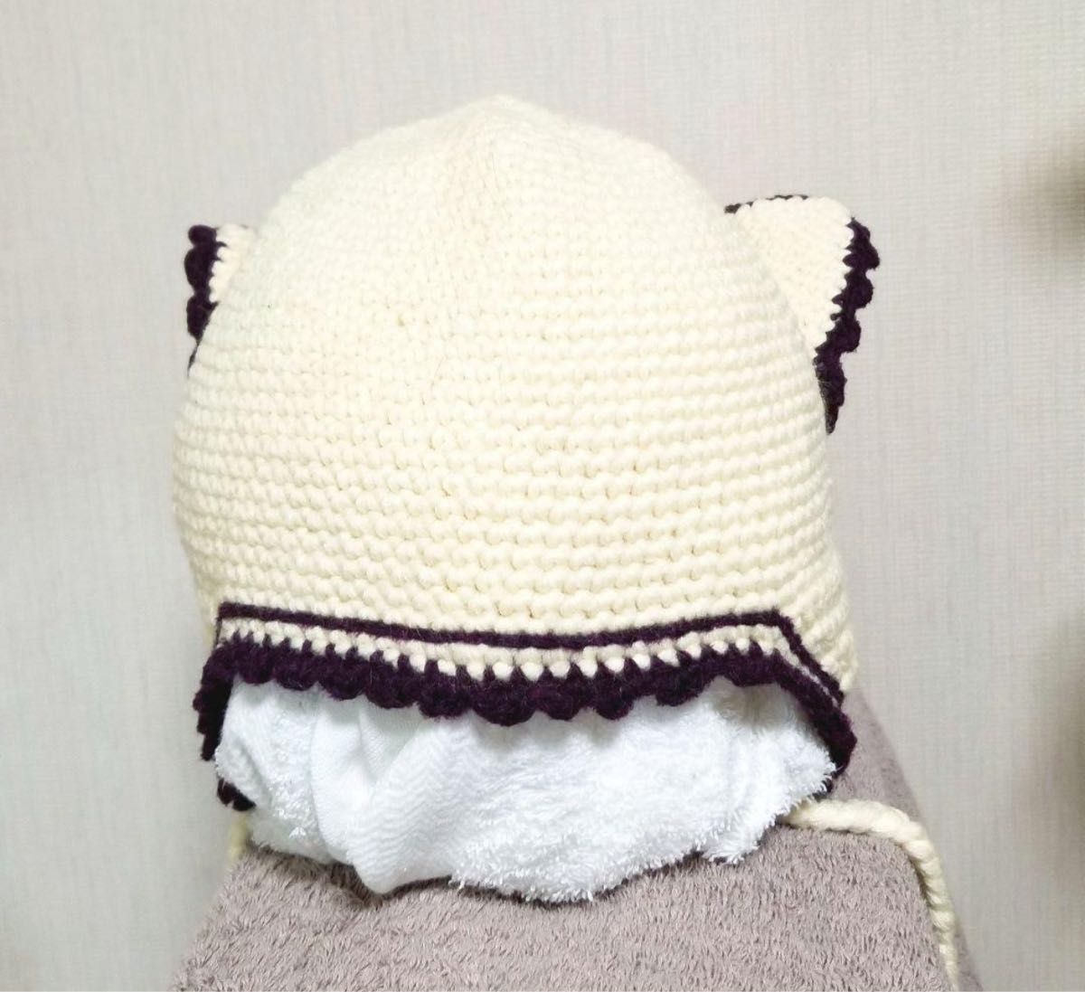 猫耳ニット帽　かぎ編み　お花　白 ホワイト　ハンドメイド