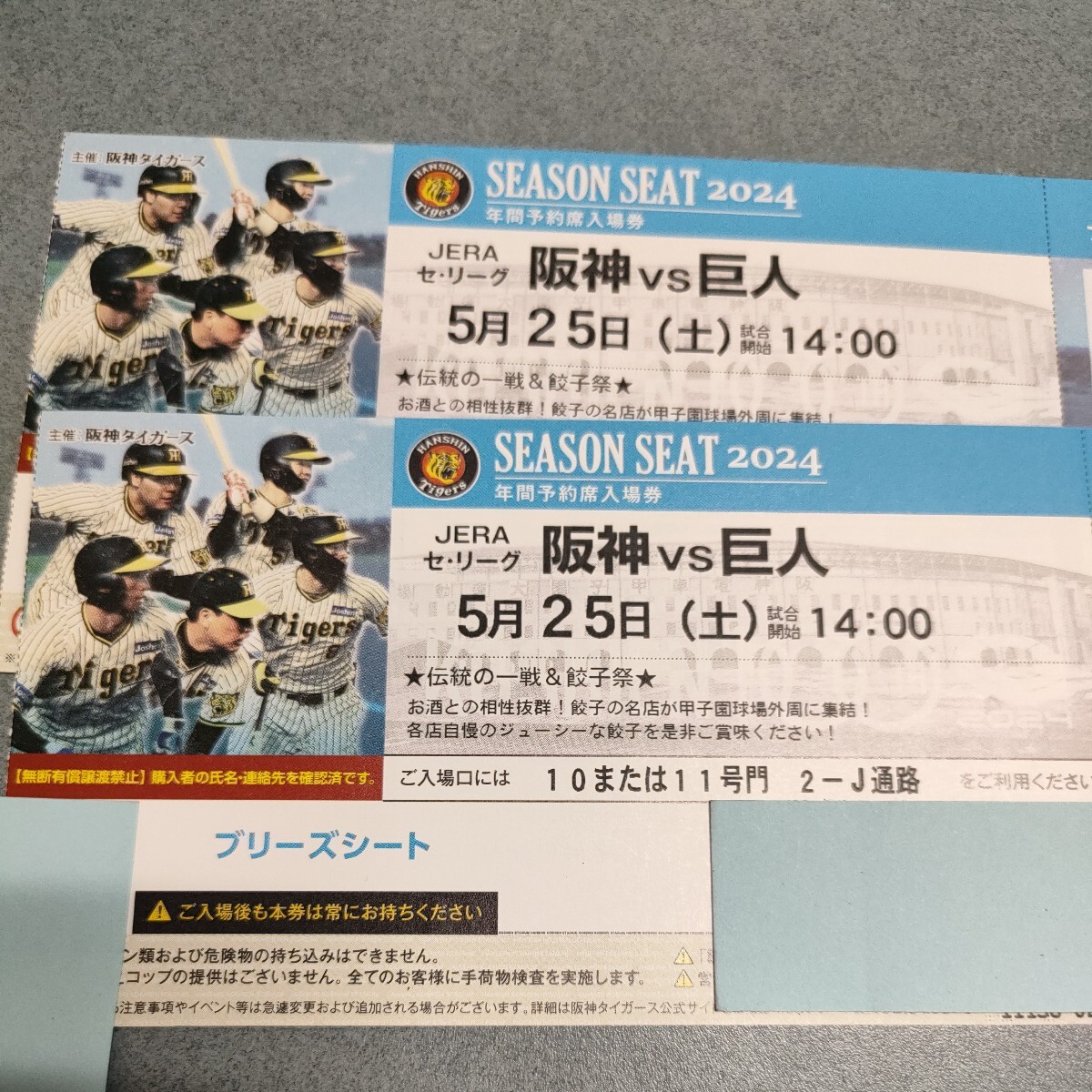 ５月２５日（土） 阪神VS巨人　甲子園ブリーズシート（3塁内野）２枚 　通路側から２席です。