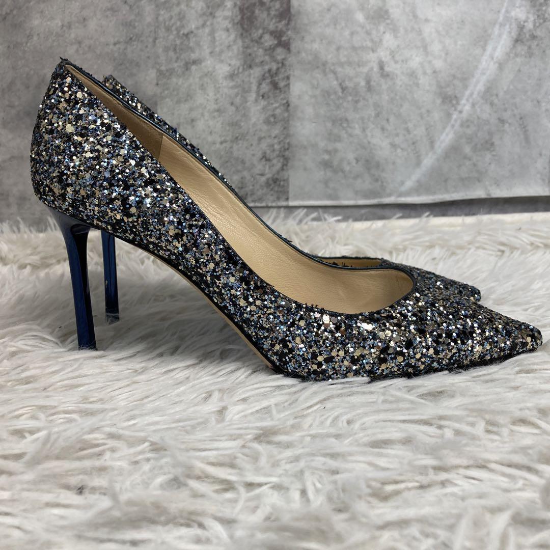 箱付 ジミーチュウ JIMMYCHOO パンプス 24.5 37 1/2 ハニーズチュールスカート ハイヒール グリッター レディース シャンパンブルー 青