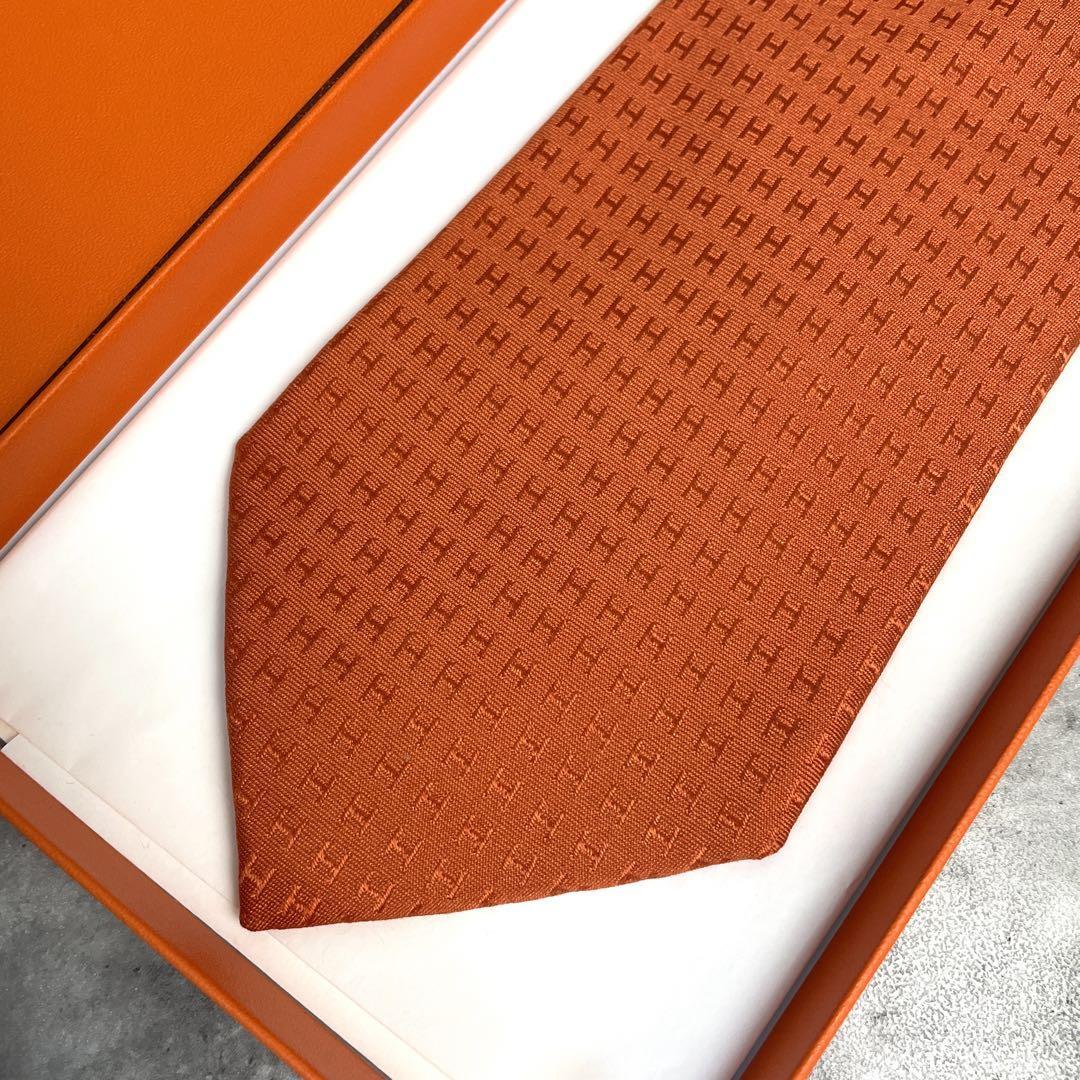 未使用級 エルメス HERMES ネクタイ ファソネ H柄 シルク100% オレンジ ビジネス メンズ フランス製_画像3