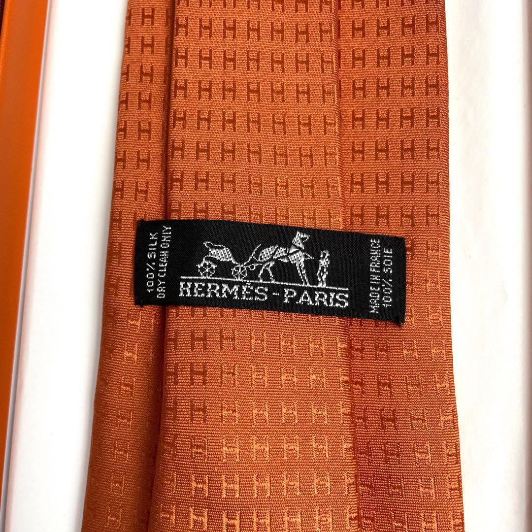 未使用級 エルメス HERMES ネクタイ ファソネ H柄 シルク100% オレンジ ビジネス メンズ フランス製