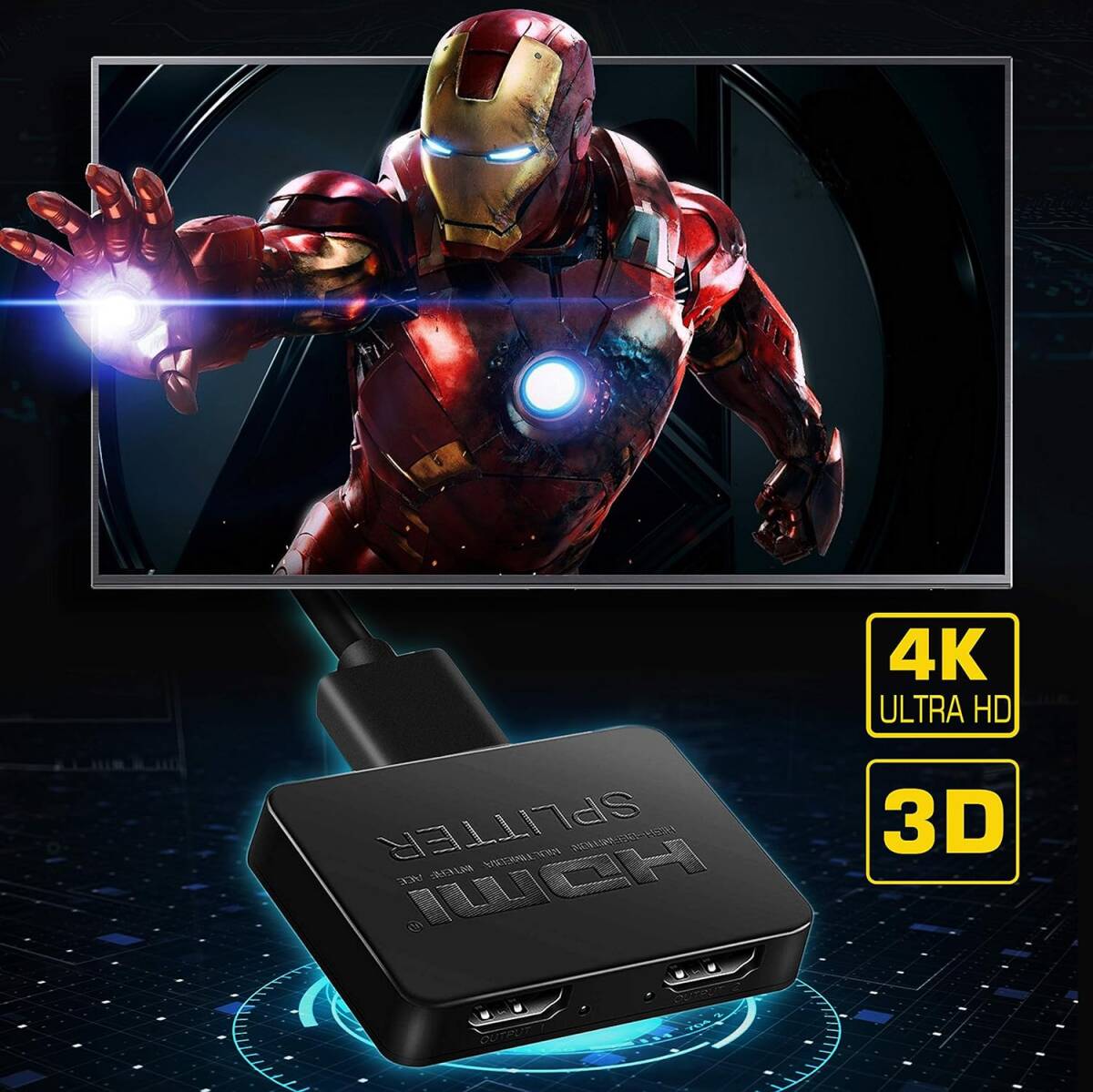 [YON-A60428395] HDMI分配器 4K 1入力2出力 3D フルHD 1080P HDCP1.4対応 二股 同時出力 ケーブル付属 XBOX PS5 HDTV DVDプレーヤー_画像1