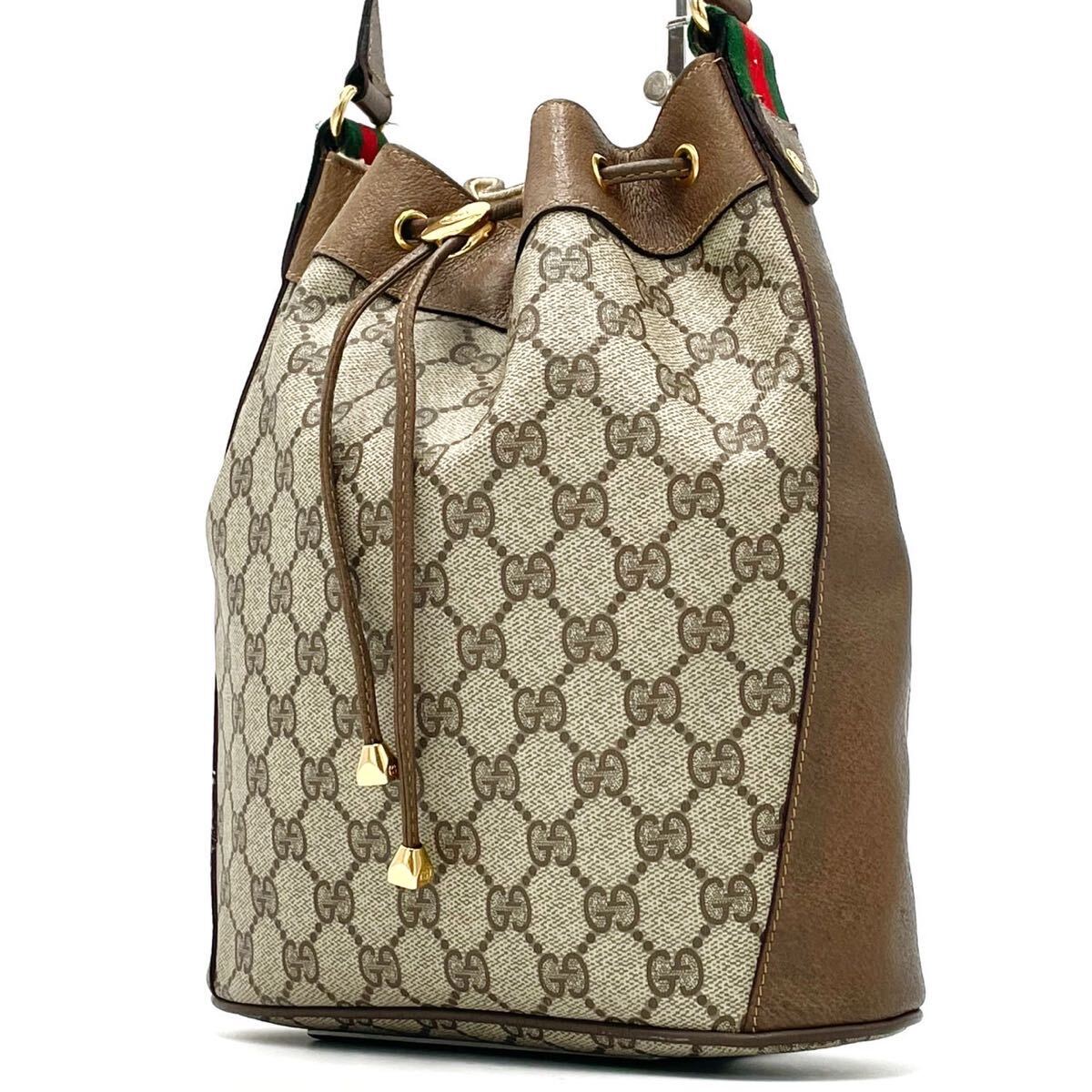 1円【極上品】GUCCI グッチ ショルダーバッグ トート 巾着型 GG柄 ゴールド金具 シェリーライン PVCレザー ブラウン ベージュ ビンテージ