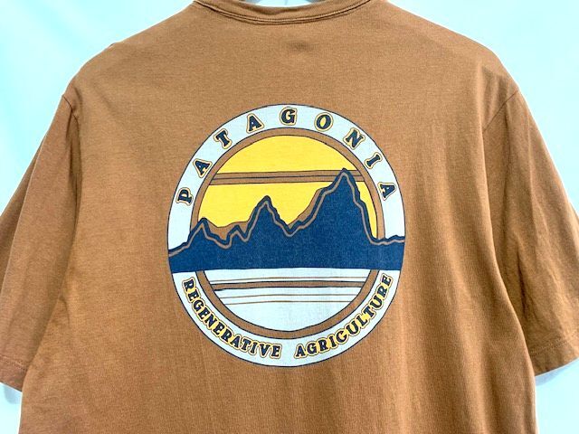 ☆20SS 美品 patagonia パタゴニア Road To Regenerative Pocket Tee ロゴプリント ポケットTシャツ ブラウン Sの画像2