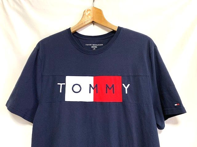 ★美品 TOMMY HILFIGER トミーヒルフィガー ロゴ刺繍 鹿の子 クルーネックTシャツ ネイビー Lの画像2
