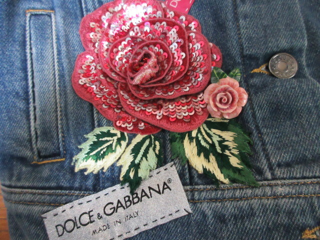 ドルチェ＆ガッバーナ DOLCE&GABBANA  ローズ フラワー スパンコール 刺繍 ロゴ パッチ デニム ジャケット 36の画像4