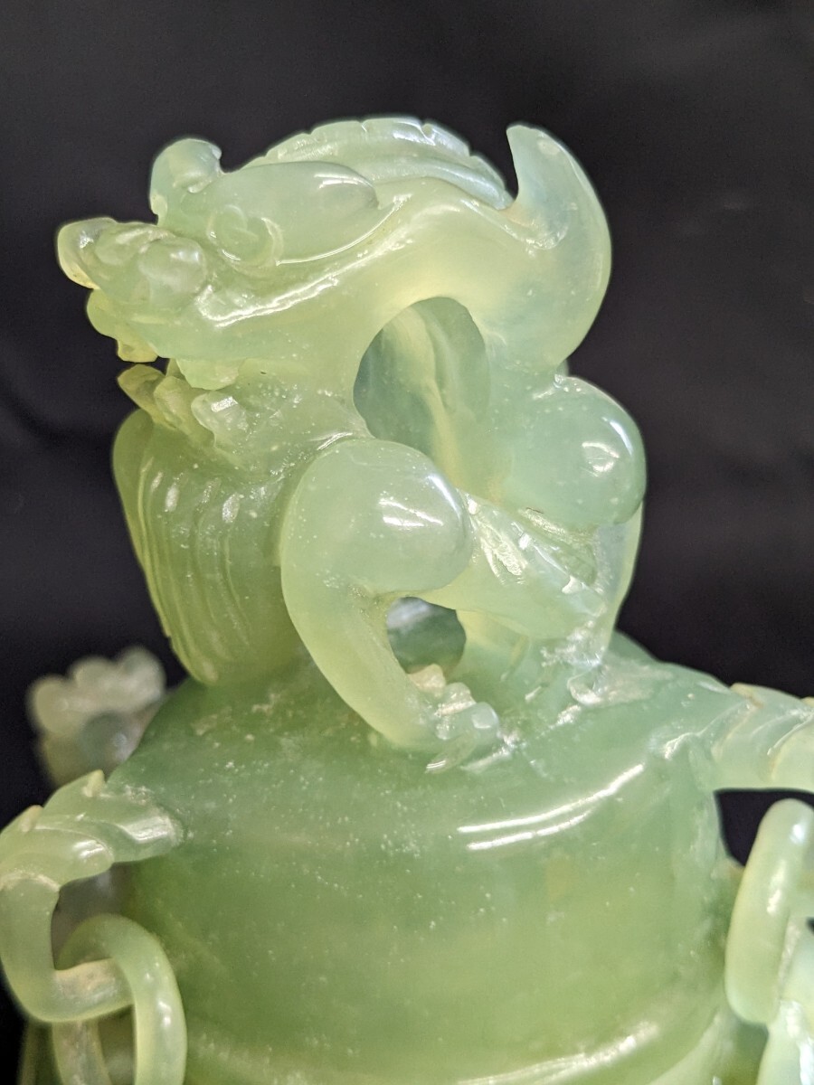 中国古玩 翡翠玉 遊環 獣摘 三足 香炉 高さ約17cm 香道具_画像7