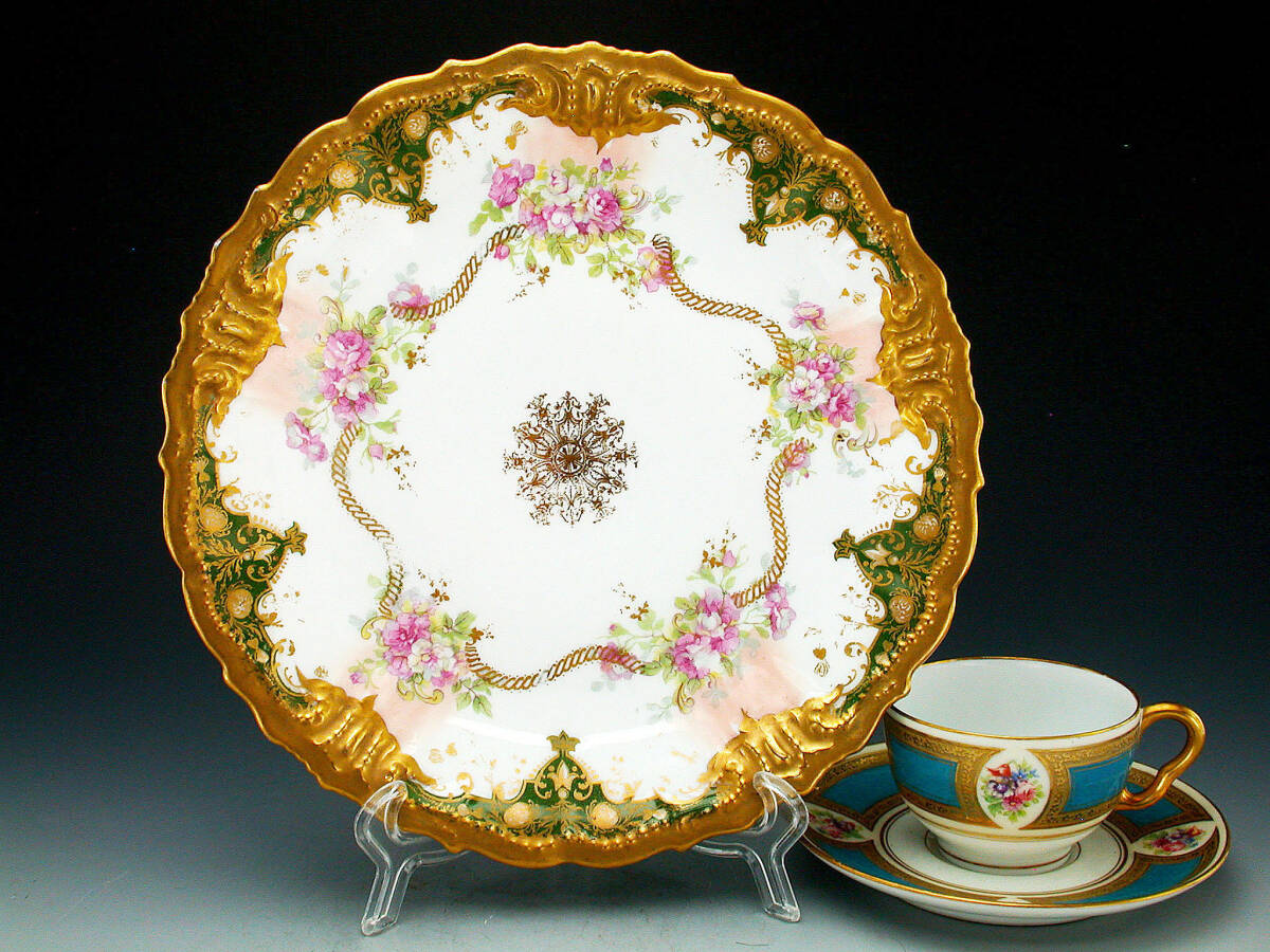 アンティーク リモージュ・アールヌーボー様式金彩陽刻薔薇装飾紋飾皿の画像9