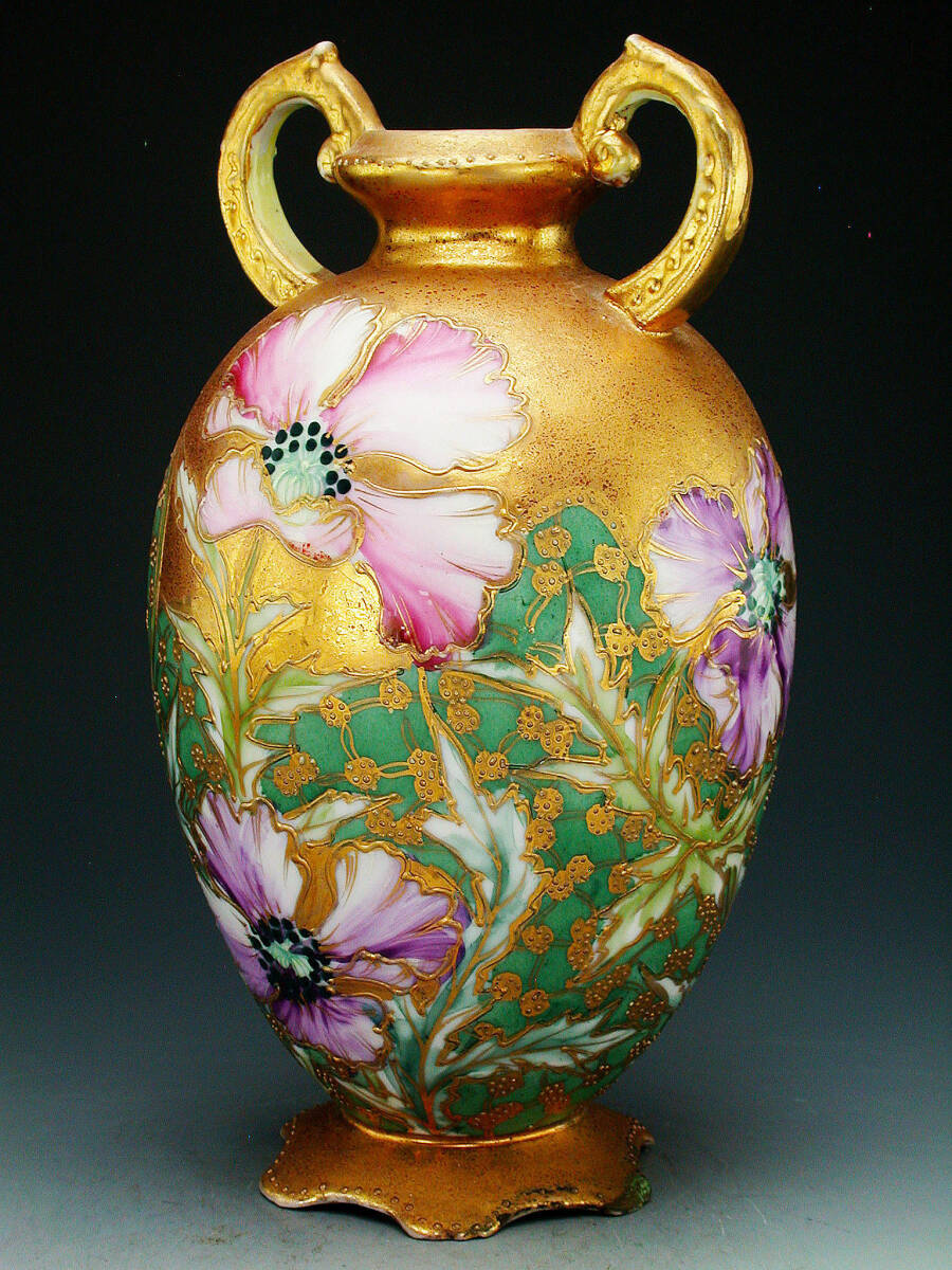  the first period Old Nippon large . goods!! Old Nippon *a-ru Novo - form gold . on Xsara si technique .. flower map . both ear ornament "hu" pot 