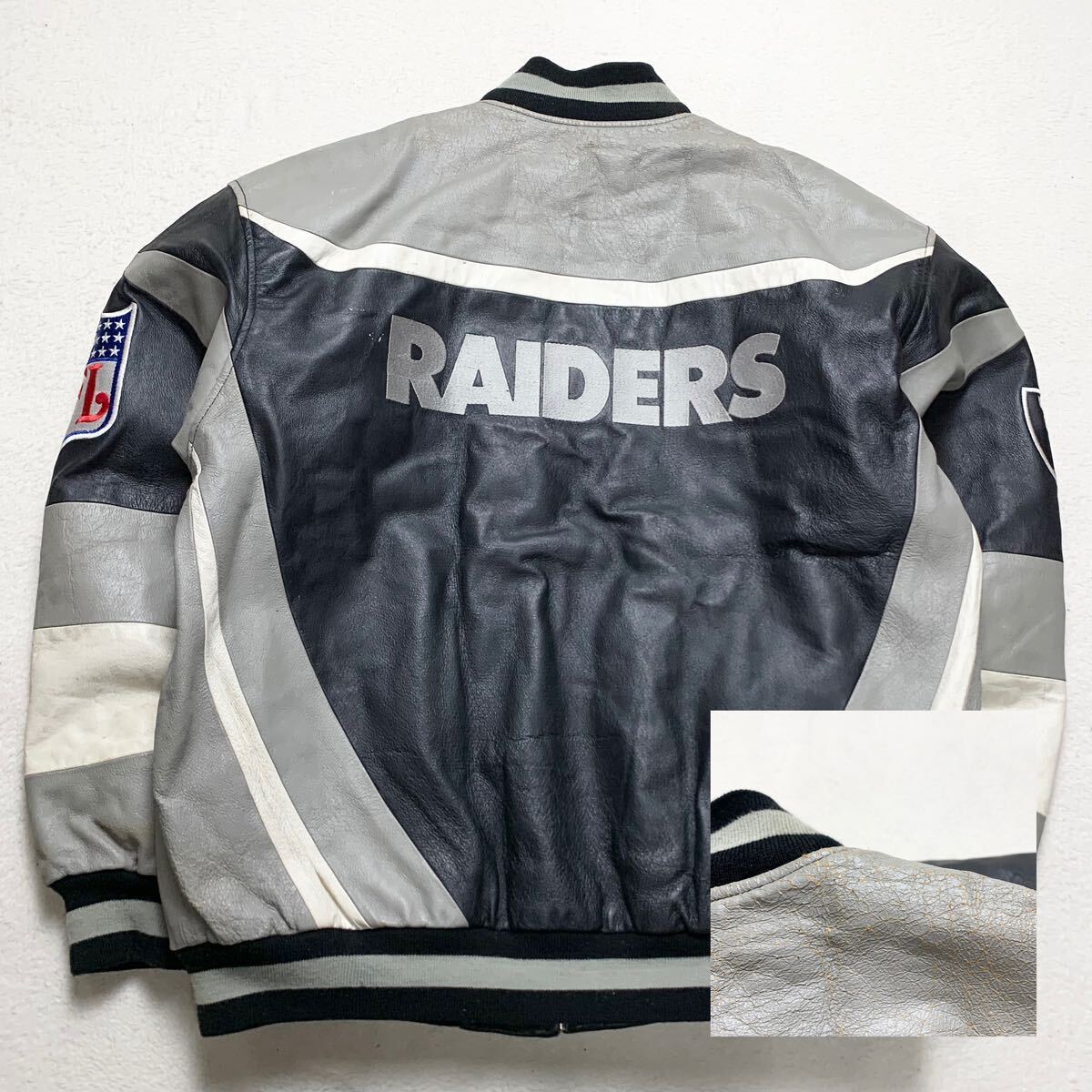 希少2XL NFL 90s RAIDERS 【極上の牛革】リーボック オークランド・レイダース スタジャン レザー ライダースジャケット ブルゾン 黒 1円_画像9