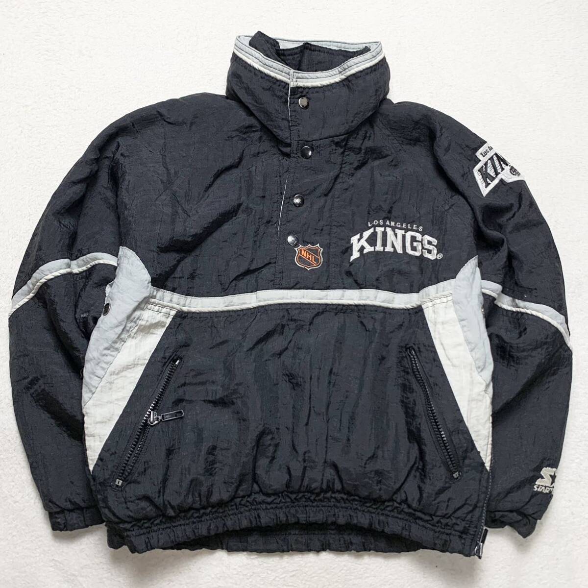 NHL 90s STARTER【漂う高級感】ロサンゼルス・キングス kings アノラックパーカー ナイロンジャケット ブルゾン ブラック M 当時物 1円の画像1