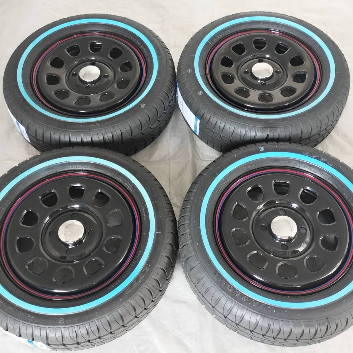 新品 デイトナ 13-4.5J＋40 4-100 ブラック タイヤ付4本SET 165/65R13 ホワイトリボン バモス エブリイ NVAN (W2474-LL1)の画像1