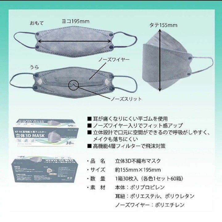 【新品】KF-94 立体3D 高性能4層フィルターマスク グレー
