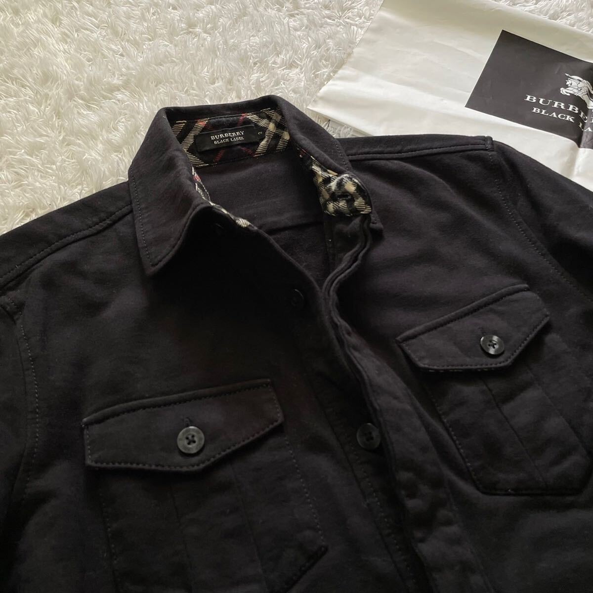 美品 バーバリーブラックレーベル BURBERRY BLACK LABEL 長袖 シャツ ロゴパッチ ノバチェック シャツジャケット 春 2/M ブラック 黒_画像10