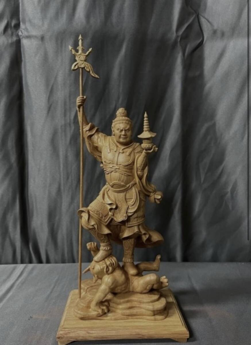 仏教工芸品 総ケヤキ製 井波彫刻 極上彫 木彫仏像 毘沙門天立像の画像1