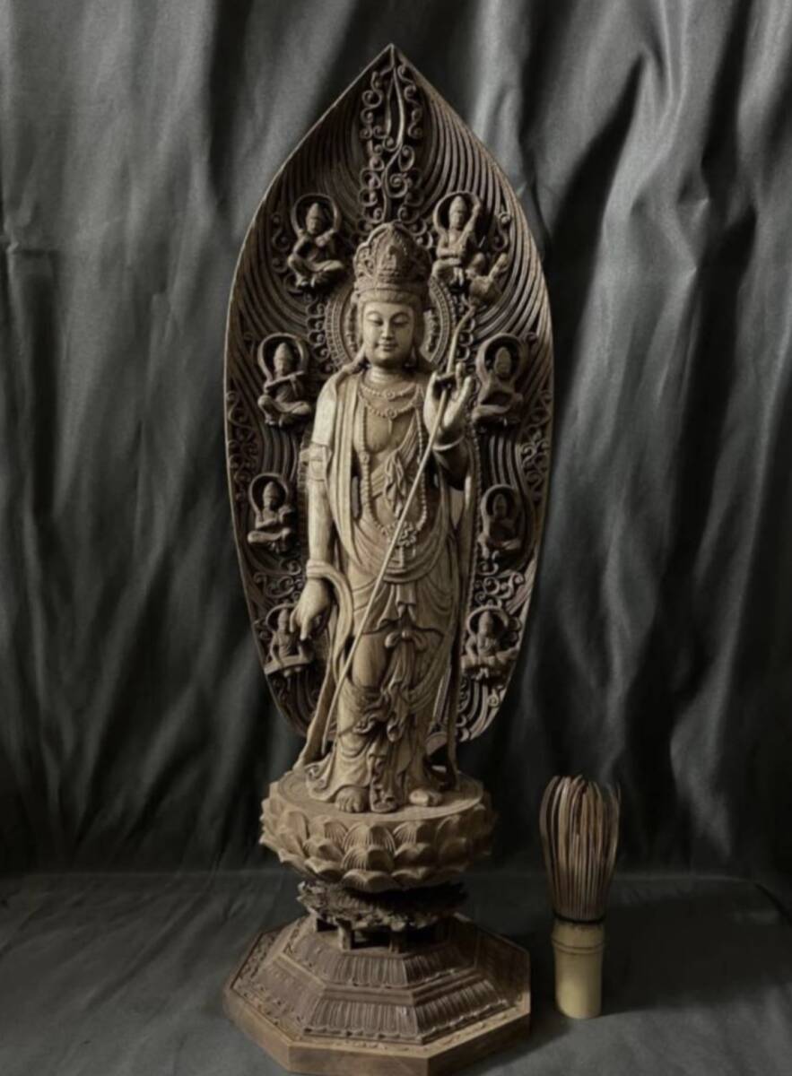 高45cm 仏教工芸品 総楠製 井波彫刻 極上彫 木彫仏像 日光菩薩立像の画像3