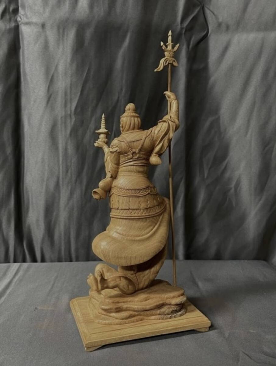 仏教工芸品 総ケヤキ製 井波彫刻 極上彫 木彫仏像 毘沙門天立像の画像9