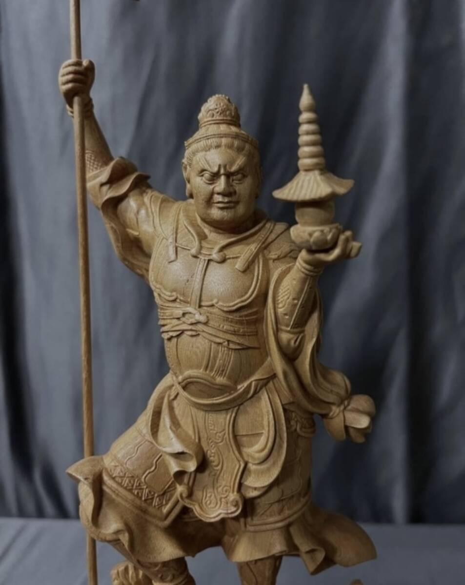 仏教工芸品 総ケヤキ製 井波彫刻 極上彫 木彫仏像 毘沙門天立像の画像2
