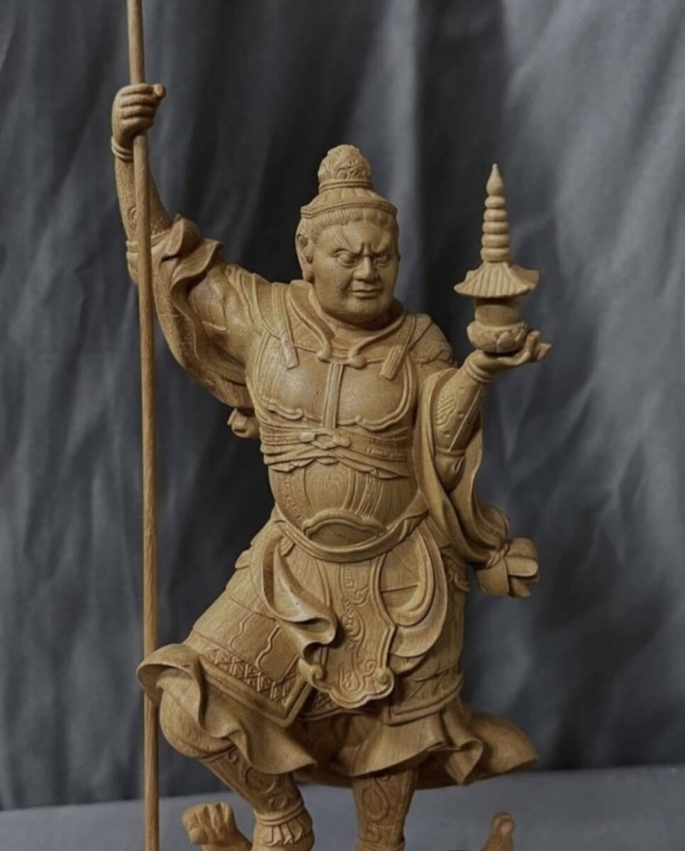 仏教工芸品 総ケヤキ製 井波彫刻 極上彫 木彫仏像 毘沙門天立像の画像10