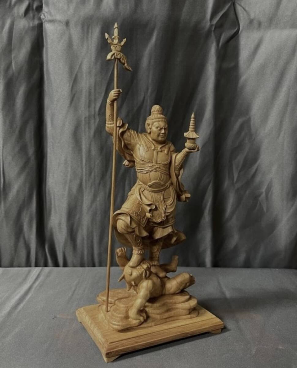 仏教工芸品 総ケヤキ製 井波彫刻 極上彫 木彫仏像 毘沙門天立像の画像5