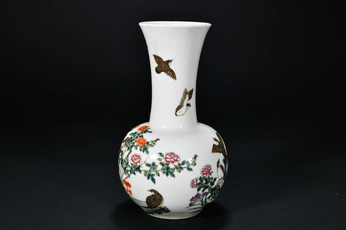 br10355 中国古玩 花瓶 大清乾隆年製 色絵 花鳥紋 五彩 陶器 陶磁器 在銘 置物 唐物 高22.3cmの画像4