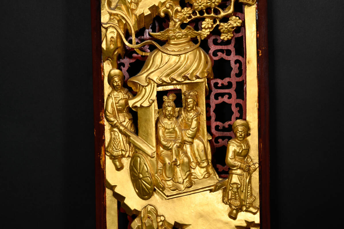  br10512 中国美術 木彫り 扁額 彫刻 鍍金彫人物物語紋額 中国古玩 107.5x20cm_画像8
