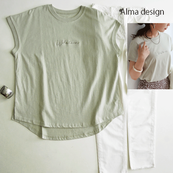 新品アンドミーandMe■コットン天竺フレンチスリーブロゴ刺繍Tシャツ グリーン系_画像1