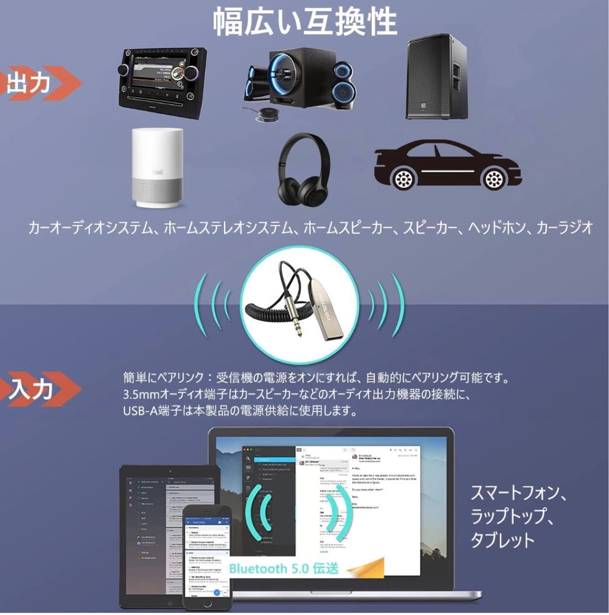 Bluetoothレシーバー 受信機 AUX 音楽再生 ハンズフリー通話可能 マイク内蔵 車載 USB 旧車にも対応