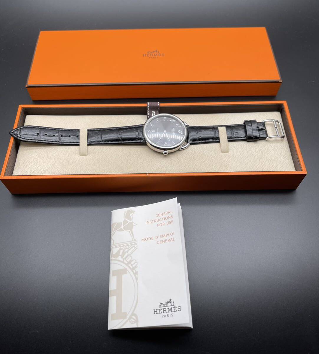 中古 箱あり エルメス HERMES アルソー AR4.810 デイト ステンレス SS グレー文字盤 自動巻き メンズ 腕時計