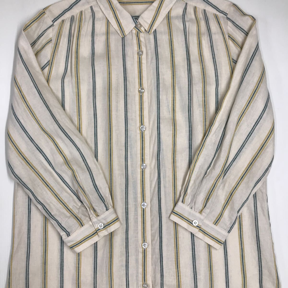 Golden Bear Golden Bear flax . tunic shirt stripe pattern 9 part sleeve lady's L size 34-93a
