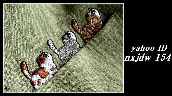 ◆M～L～2L・猫ちゃん刺繍がアクセント♪ナチュラルコットンのシャツチュニック/うぐいすカーキの画像4
