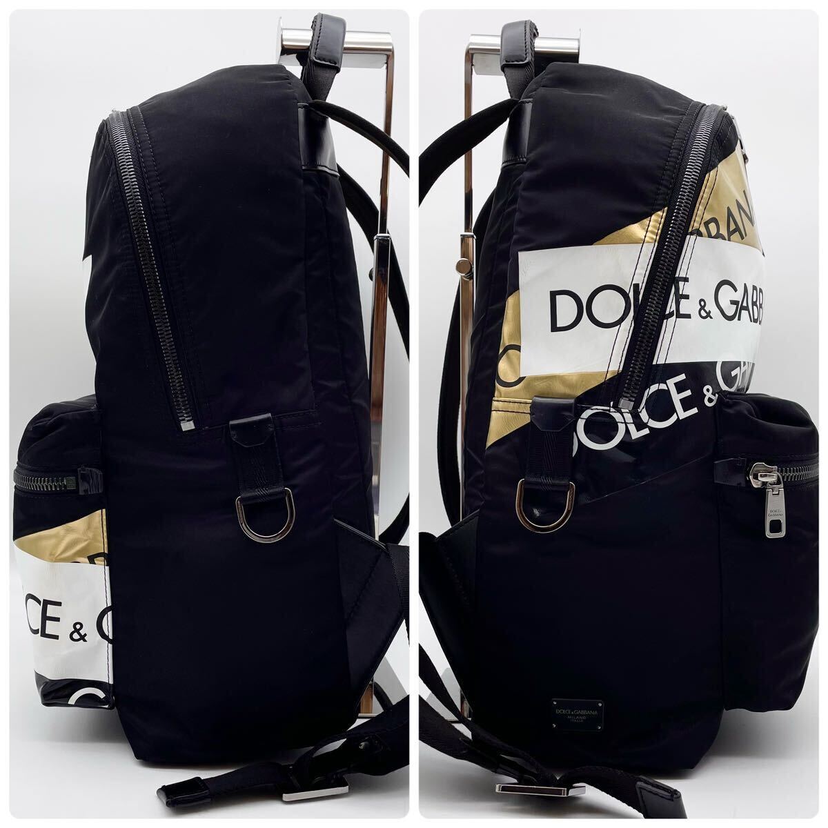極美品 希少 Dolce&Gabbana ドルチェ＆ガッバーナ バックパック リュック 黒 ブラック ナイロン レザー ロゴプレート ロゴ金具 A4 PC収容可の画像4