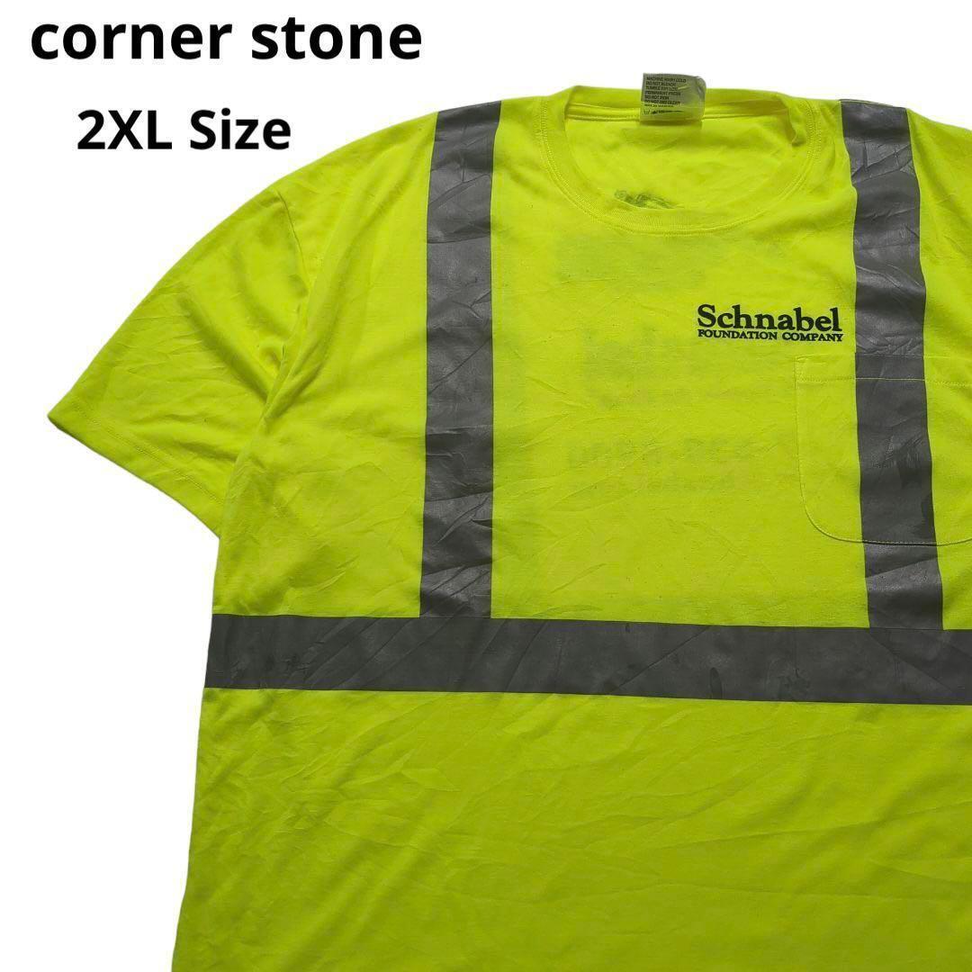 corner stone 半袖Tシャツロゴプリント黄緑蛍光 メンズ2XL a31_画像1