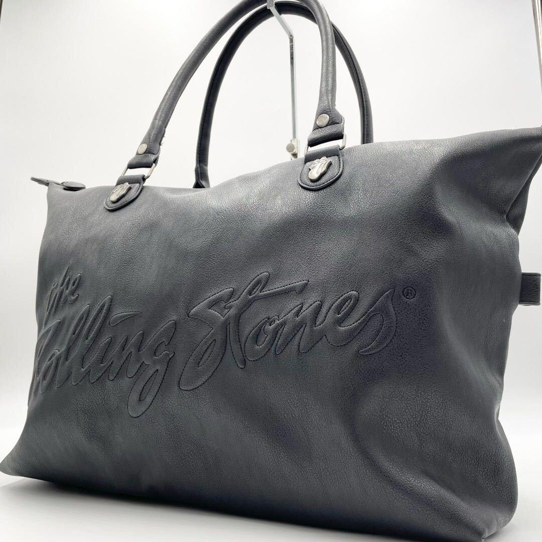 1 jpy THE ROLLING STONES [ rare beautiful goods high capacity ] Boston bag handbag black leather low ring Stone z business commuting work men's 