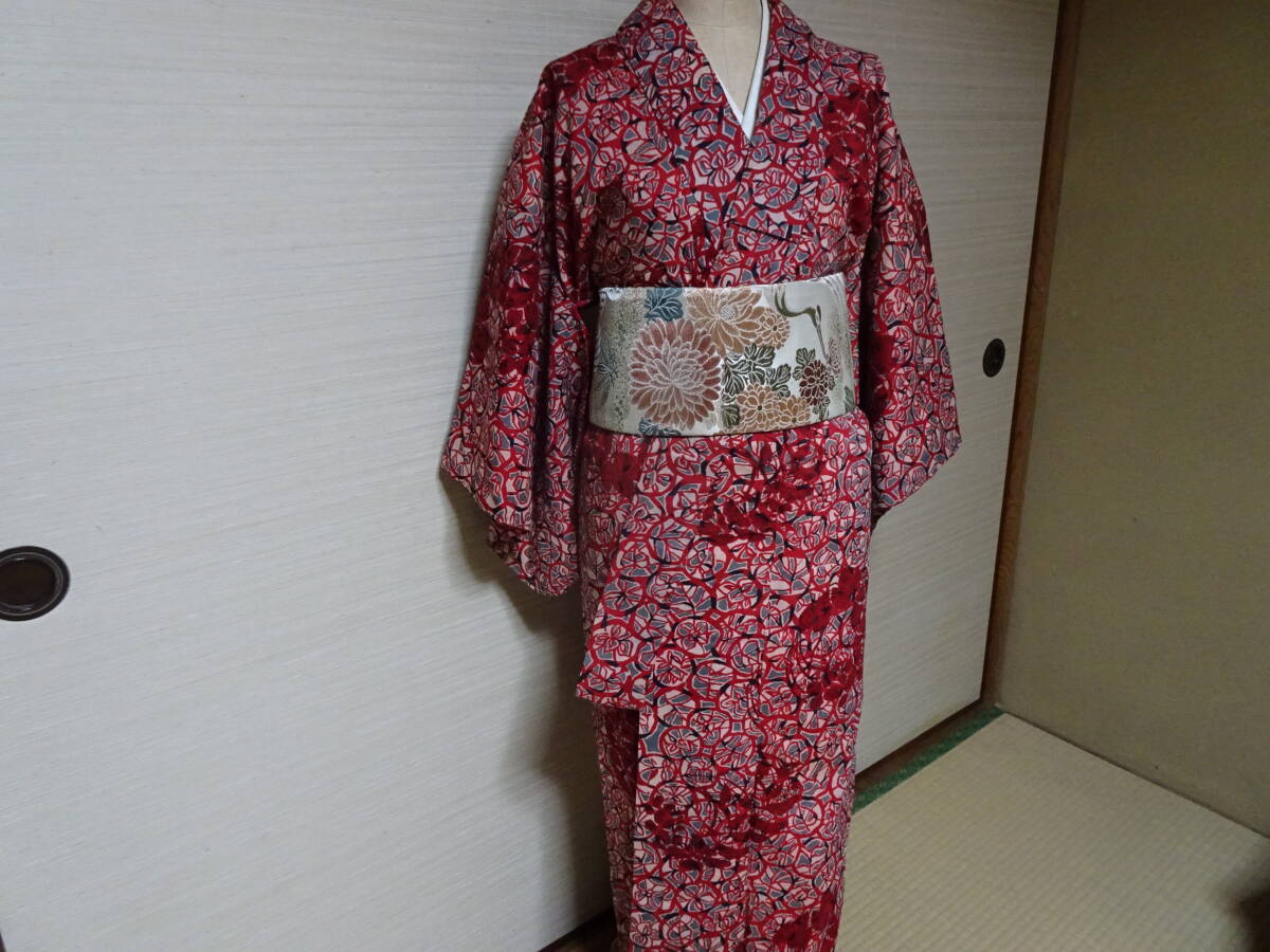 昭和レトロ/古布　朝顔のような柄が可愛いニコニコ綿の着物（木綿）素材用に　袷_画像2
