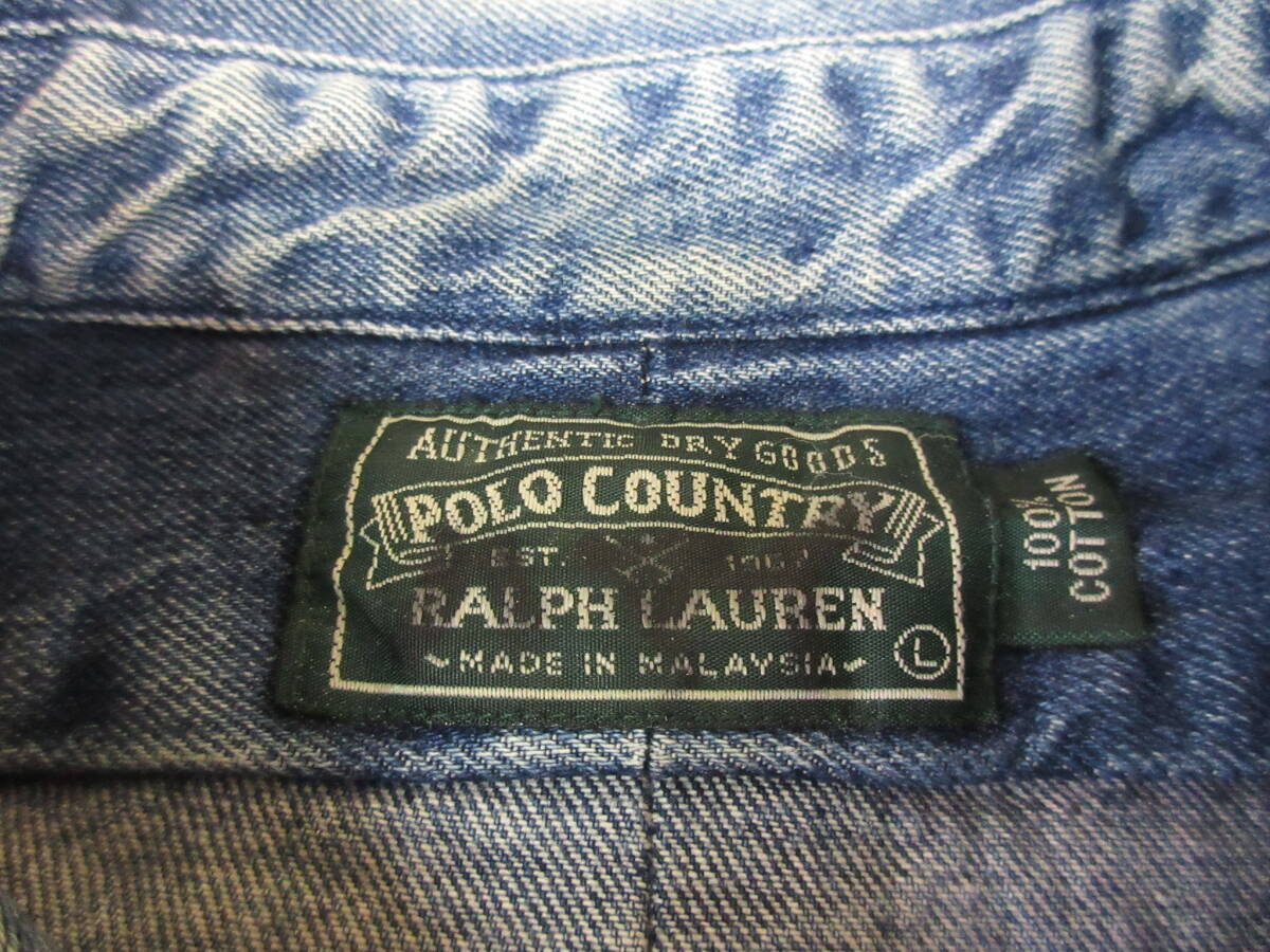 90s POLO COUNTRY デニムシャツ L ラルフローレン RL ポロカントリー インディゴ ボタンダウン ヴィンテージ オールド ダンガリー Ralphの画像3