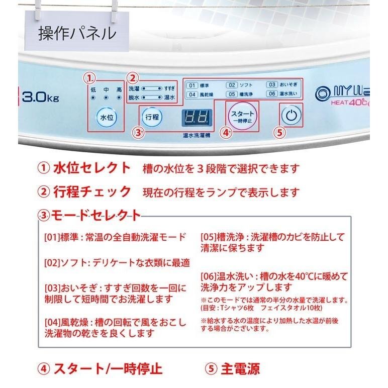 温水洗い＆風乾燥機能付き！3.0キロ小型全自動洗濯機3.0kg洗い【My Wave HEAT40】リサイクル品の為,格安スタート！No.N042の画像5