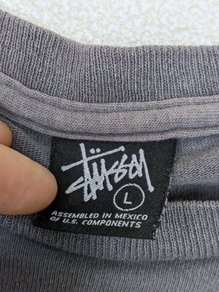 7．STUSSY 00s サンフェード カラー オールド ステューシー デカロゴ プリント 半袖 Tシャツ Y2K ストリート メンズL グレー系緑白x406_画像4