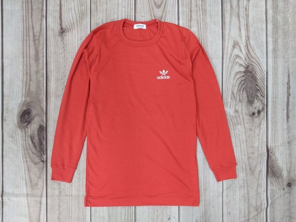 18．アディダス 70s デサント製 ヴィンテージ トレフォイルロゴ シングルステッチ 丸首 長袖 Tシャツ ロンT 80s Y2K メンズM 赤x403の画像1