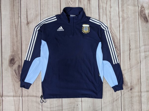 4．アルゼンチン代表 00s オールド アディダス エンブレム ロゴ ハーフジップ 長袖 シャツ サッカー Y2K メンズL 紺水色白x403の画像1